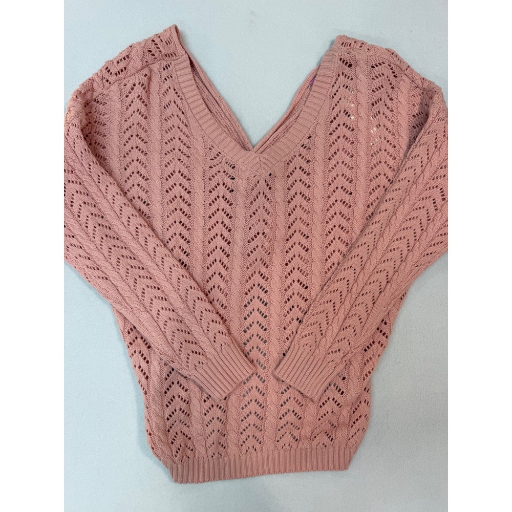 Mi Ami Francesca's Blush Pink Pointelle Twist Back V-Neck Sweater LSPOINTEL M